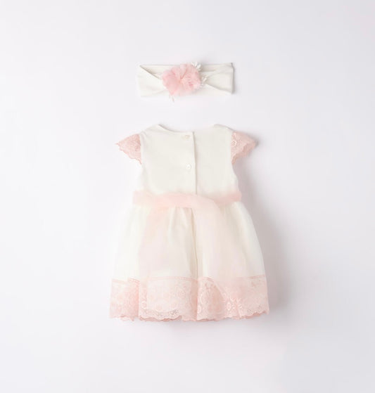 Abito battesimo in tulle colore bianco con dettagli in rosa