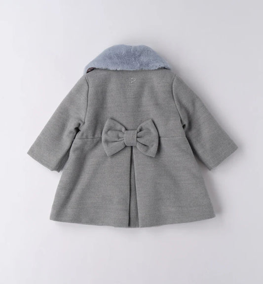 Cappotto bambina grigio con collo pelliccia e tasche cuori