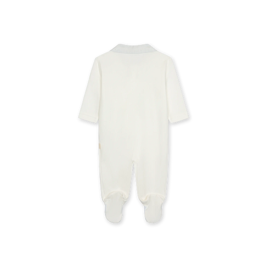 Tutina con piedi in cotone bianco con taschino e ricamo
