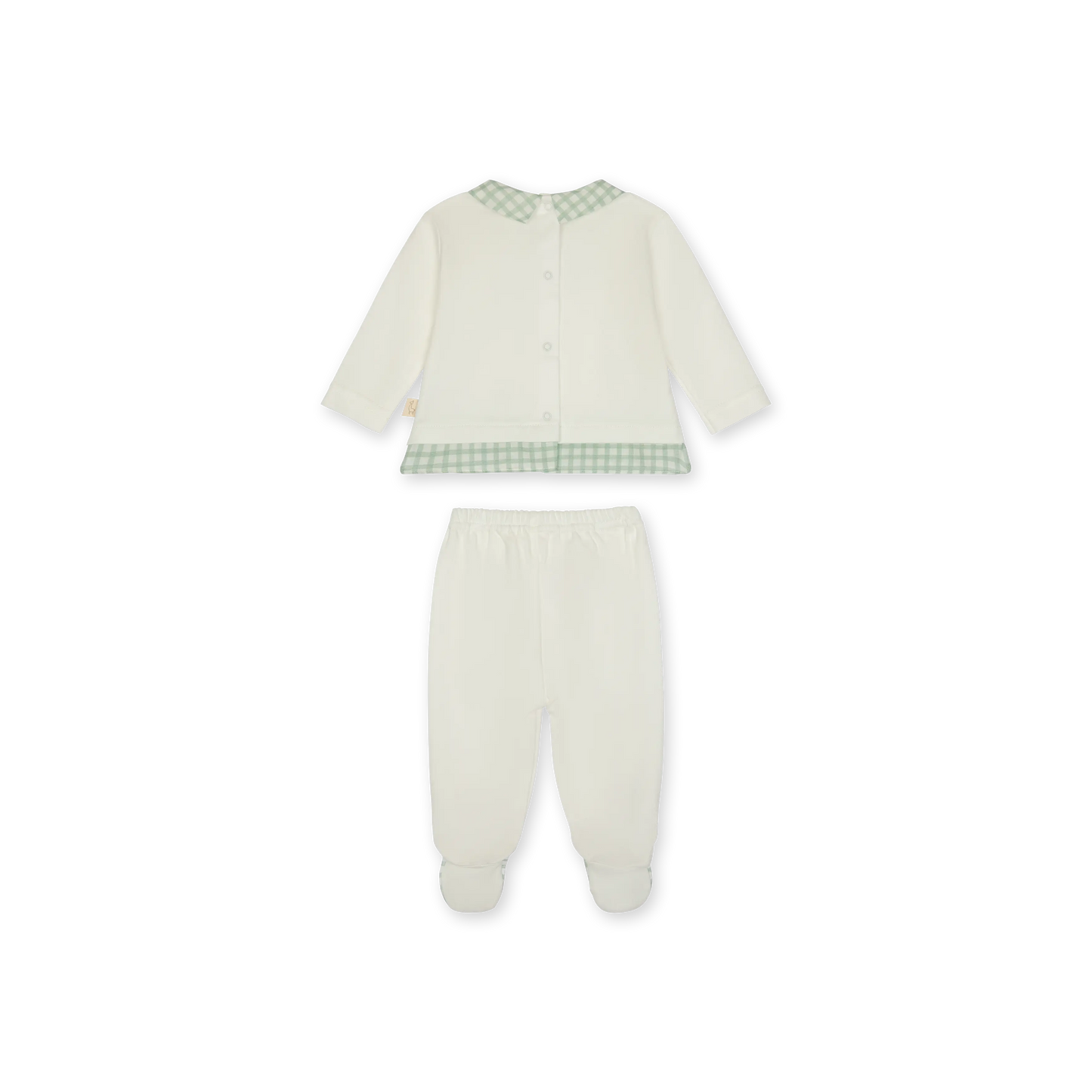 Tutina due pezzi in cotone con dettagli a quadretti verde-bianco