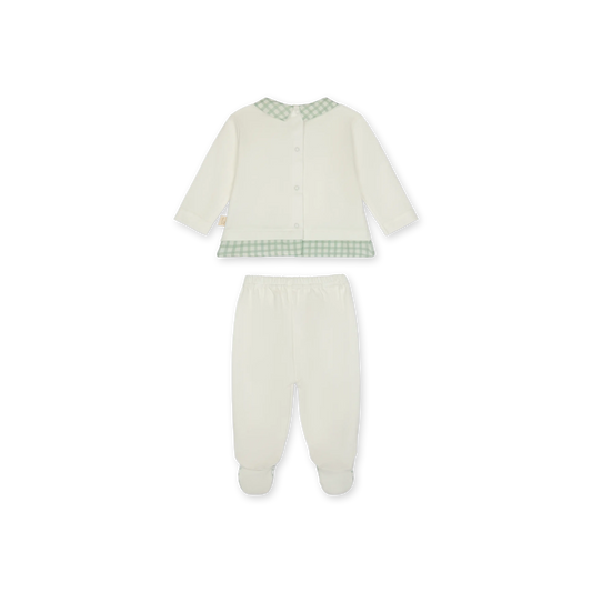 Tutina due pezzi in cotone con dettagli a quadretti verde-bianco