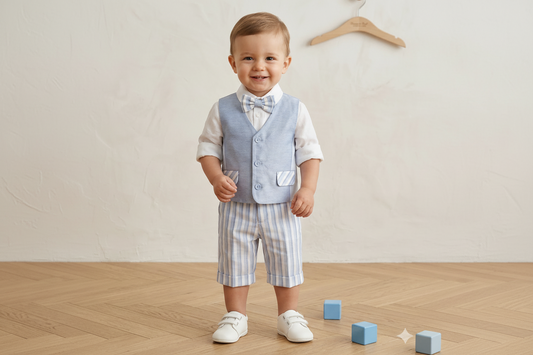 Completo da cerimonia bimbo stile marinaretto con gilet azzurro e pantaloncini a righe