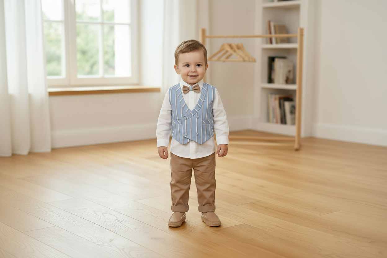 Completo da cerimonia bimbo con gilet doppiopetto a righe azzurre e pantaloni marroni