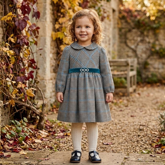 Abito da cerimonia bambina multi-quadri in flanella con cintura in velluto e strass Abito da cerimonia bambina multi-quadri in flanella con cintura in velluto e strass