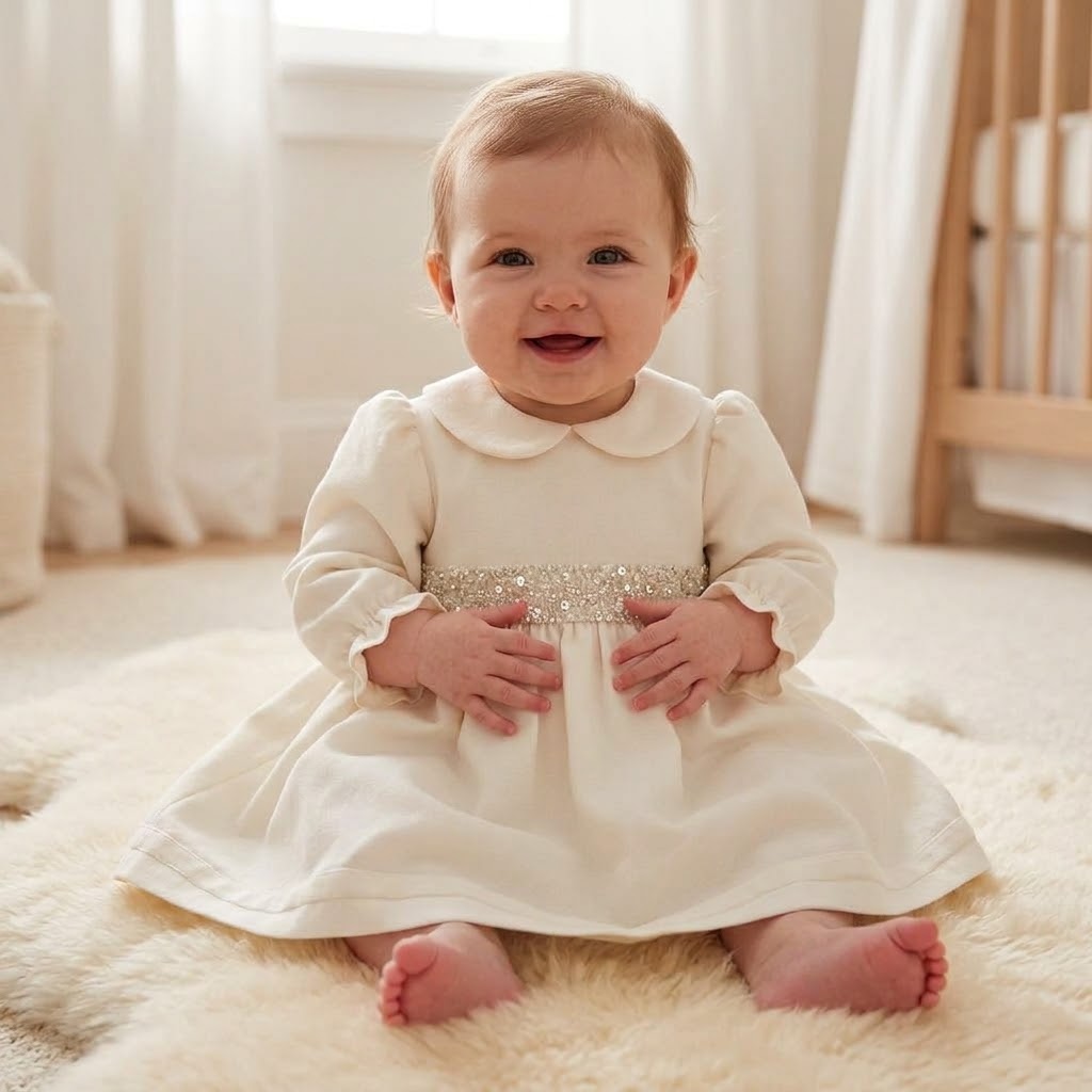 Abito da cerimonia bambina avorio in punto Milano e perline con colletto bebè