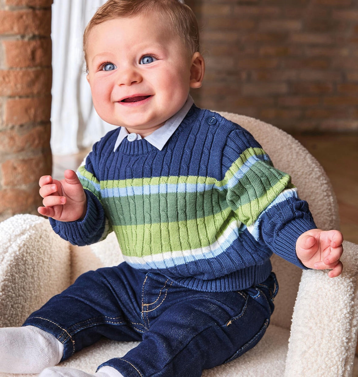 Maglione neonato blu con strisce in contrasto