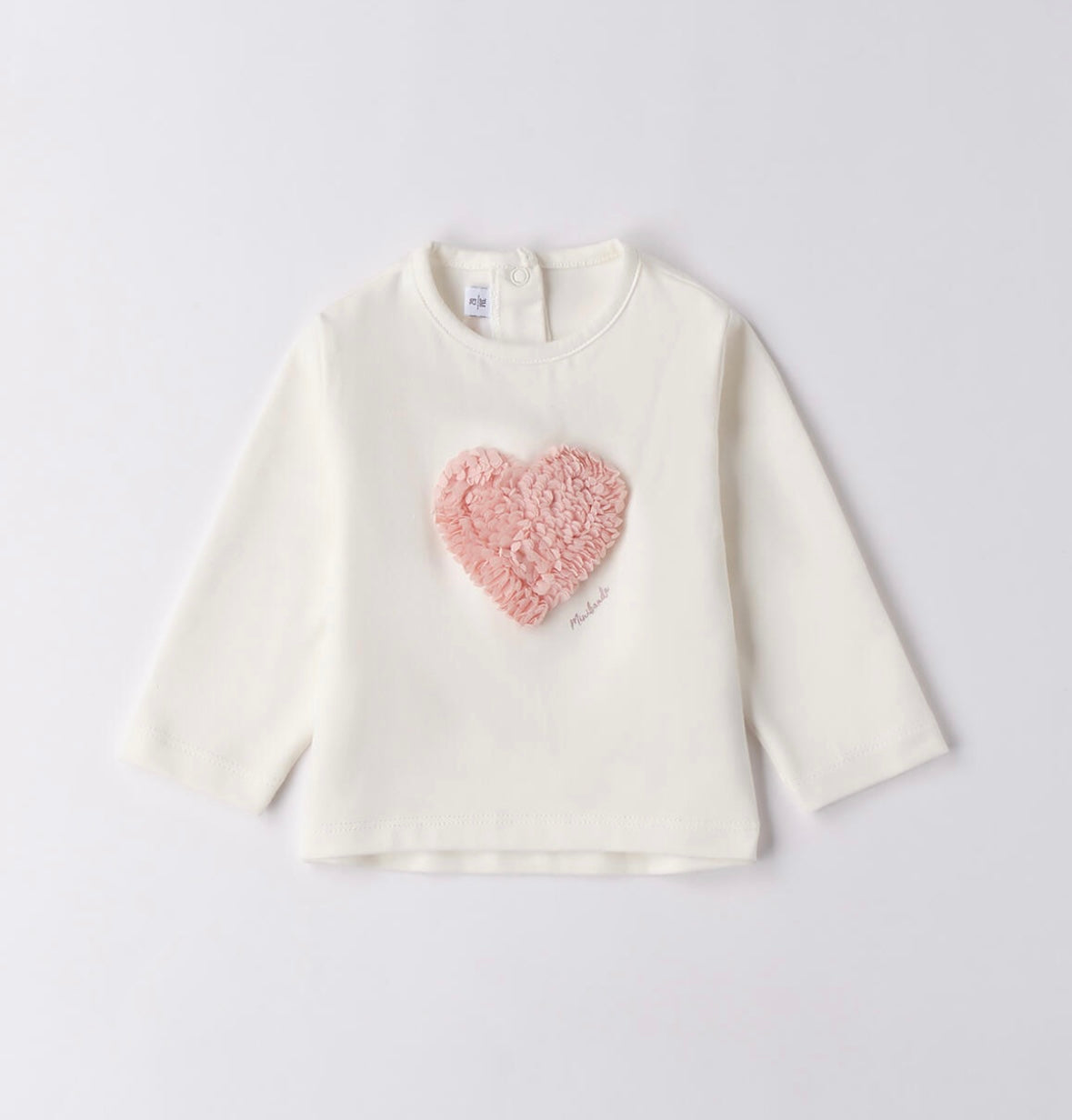 Maglietta neonata panna con cuore in chiffon rosa