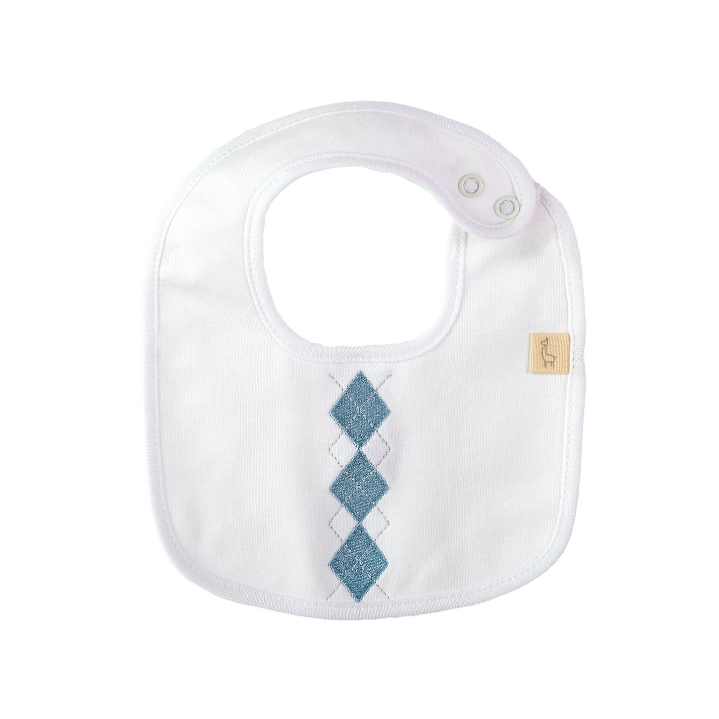 Bavetta neonato Preppy bianco con ricamo rombi in azzurro