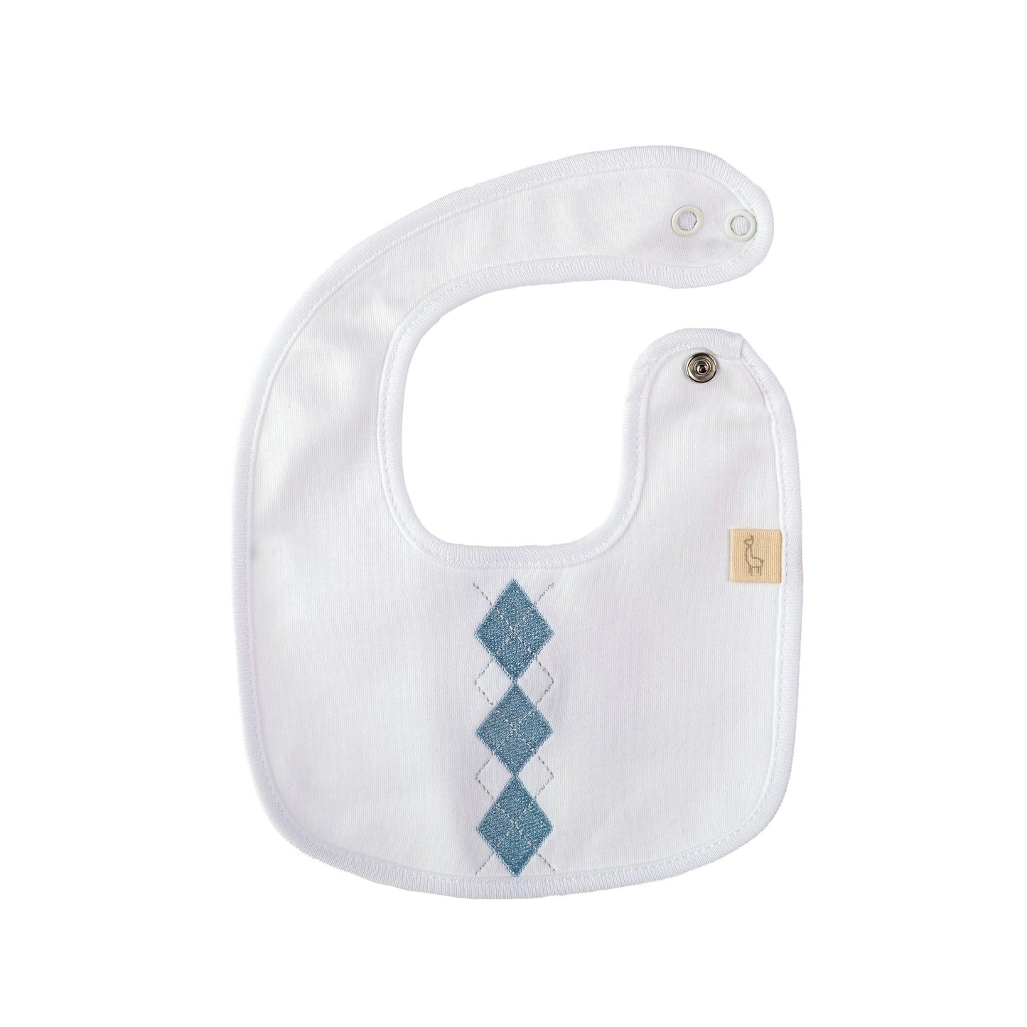 Bavetta neonato Preppy bianco con ricamo rombi in azzurro