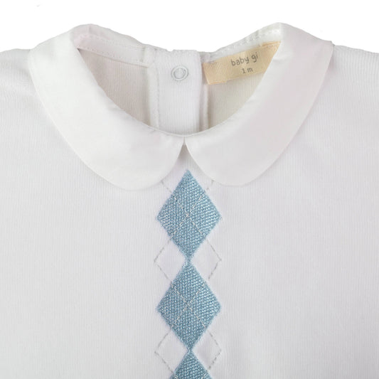 Tutina in ciniglia neonato Preppy bianca con ricamo rombi in azzurro