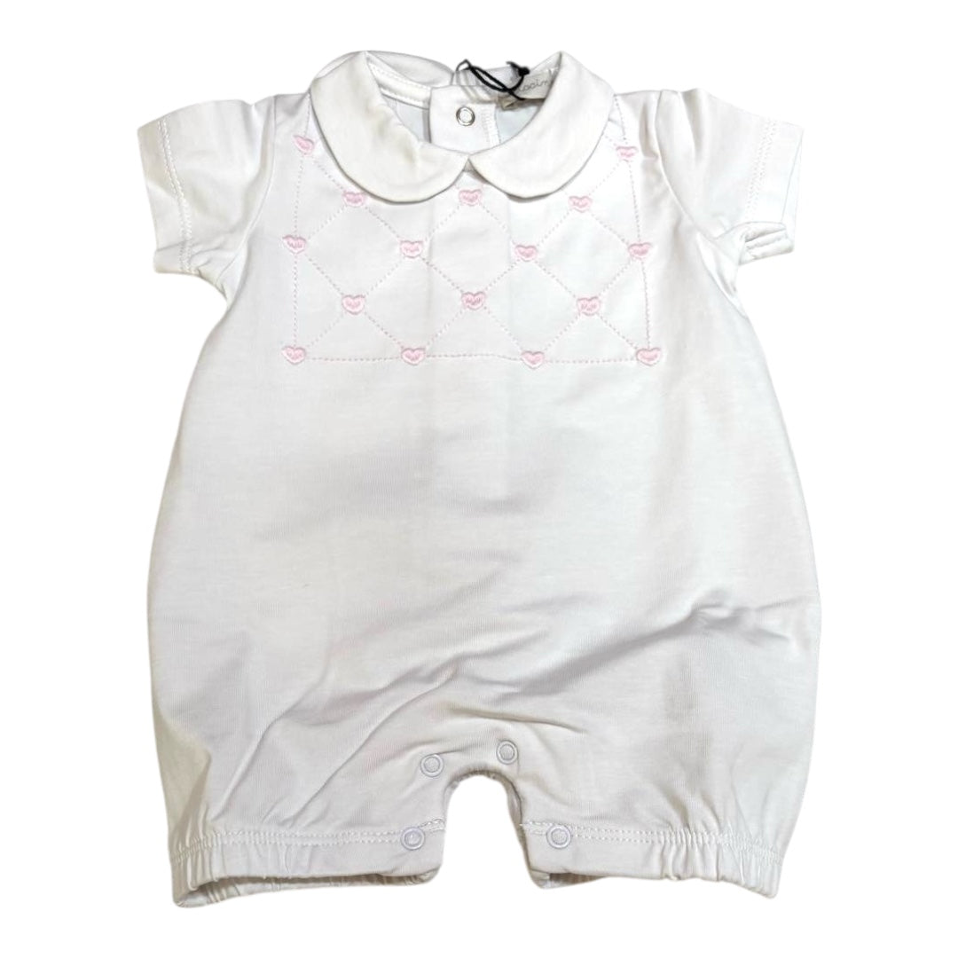 Pagliaccetto neonata con colletto , ricamo cuori rosa.