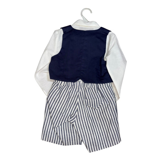 Completo bambino nei toni del blu e bianco , realizzato in lino.