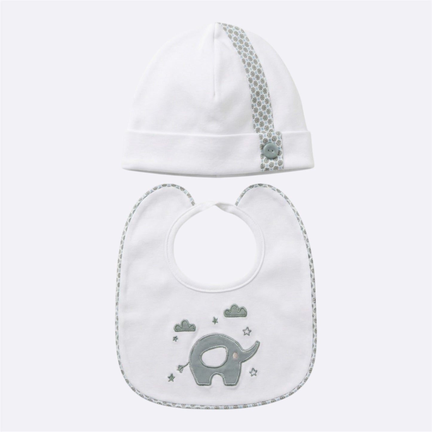 Set cappello e bavetta con dettagli a fantasia ed elefantino