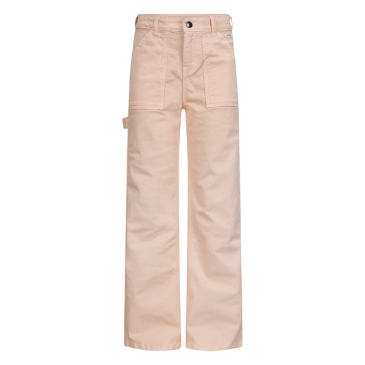 Pantaloni vita alta, gambe leggermente svasate con ampie tasche laterali.