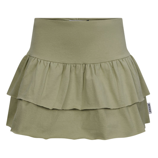 Gonna-pantalone in tessuto jersey, con ampia balza sul fondo.