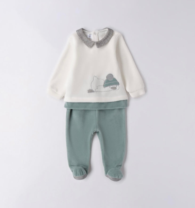 Tutina 2 pezzi neonato, nel colore panna e verde salvia