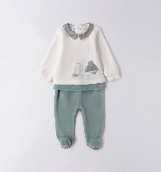 Tutina 2 pezzi neonato, nel colore panna e verde salvia