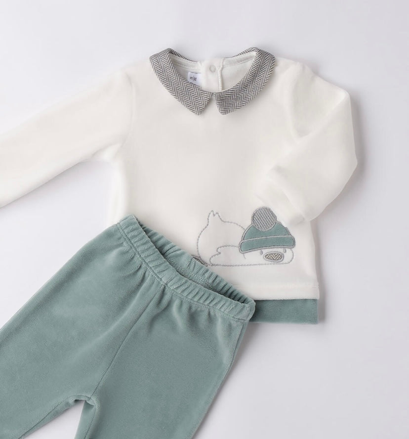 Tutina 2 pezzi neonato, nel colore panna e verde salvia