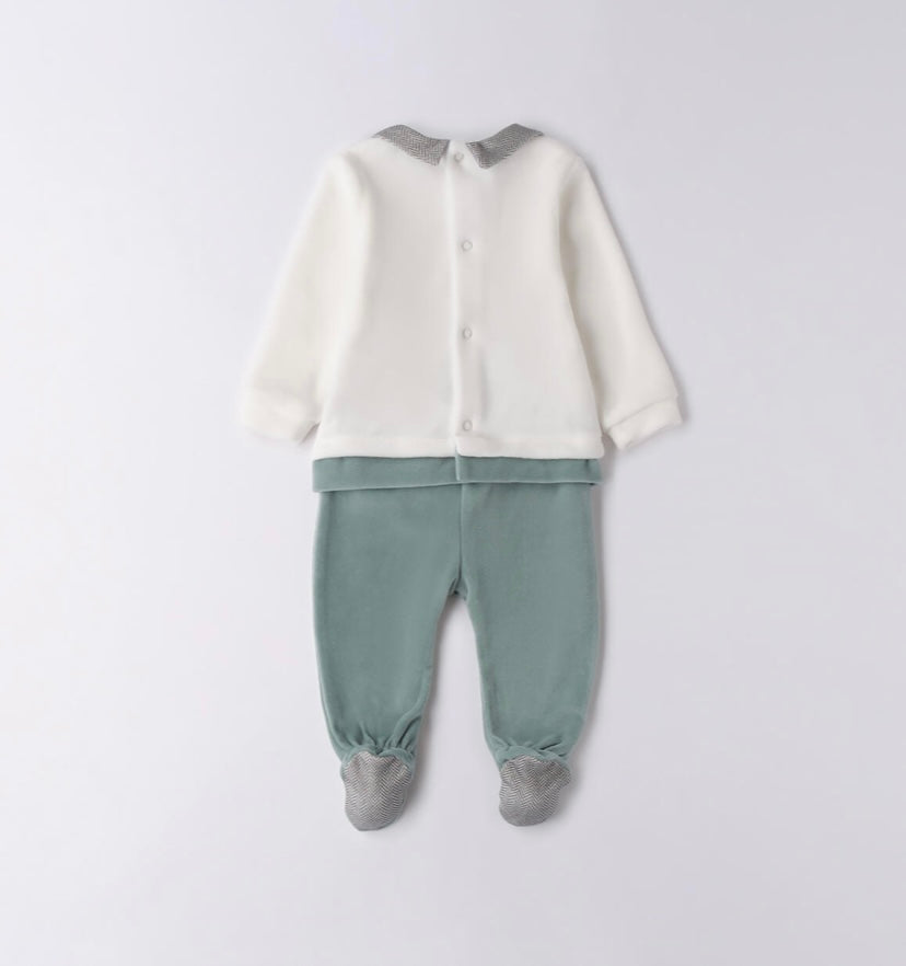 Tutina 2 pezzi neonato, nel colore panna e verde salvia
