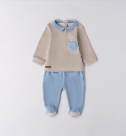 Tutina neonato 2 pezzi , nei colori tortora e azzurro
