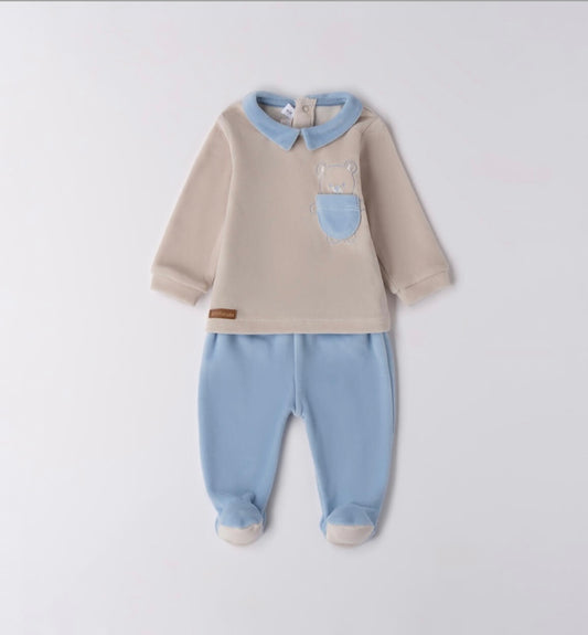Tutina neonato 2 pezzi , nei colori tortora e azzurro
