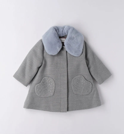 Cappotto bambina grigio con collo pelliccia e tasche cuori