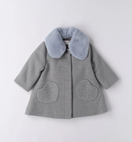 Cappotto bambina grigio con collo pelliccia e tasche cuori