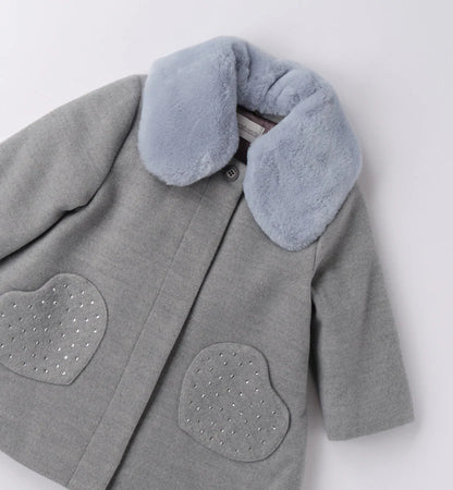 Cappotto bambina grigio con collo pelliccia e tasche cuori