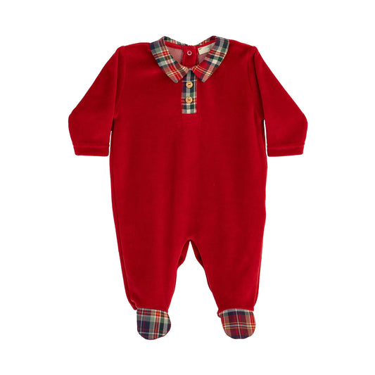 Tutina in ciniglia rossa con dettagli in tartan