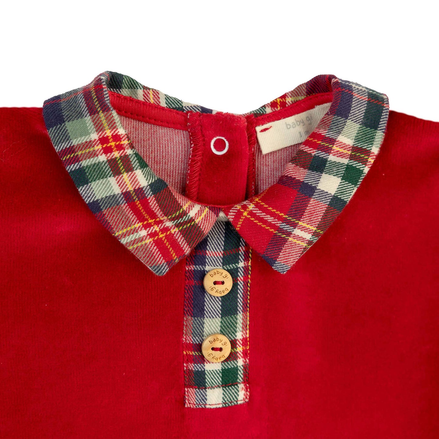 Tutina in ciniglia rossa con dettagli in tartan