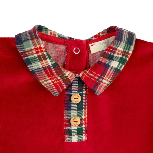 Tutina in ciniglia rossa con dettagli in tartan
