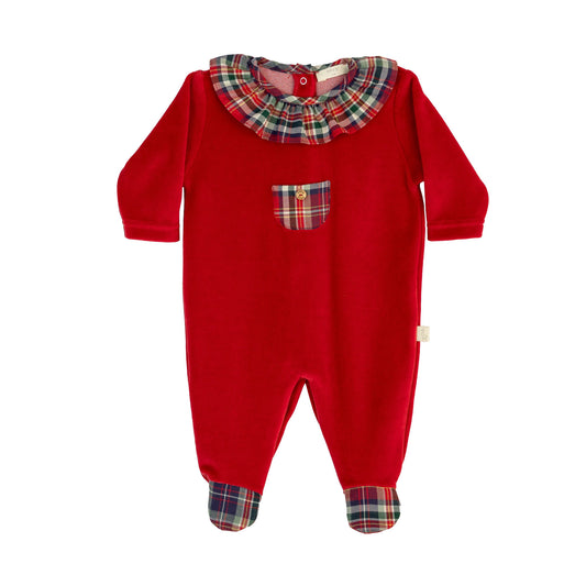 Tutina neonata con colletto rouche e dettagli in tartan