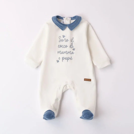 Tutina neonato in ciniglia con scritta davanti