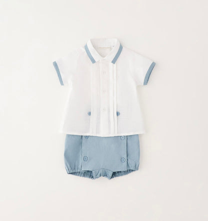 Completo neonato realizzato in lino e cotone in bianco e verde acqua