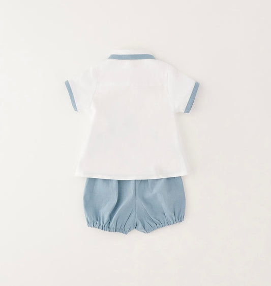 Completo neonato realizzato in lino e cotone in bianco e verde acqua