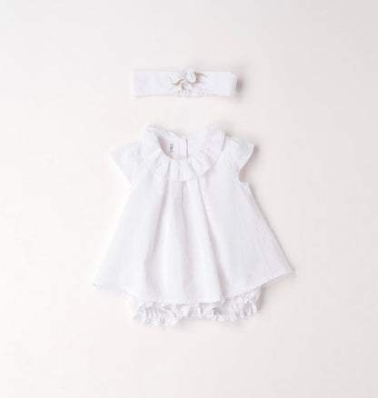 Pagliaccetto neonata in cotone bianco con fascia per capelli