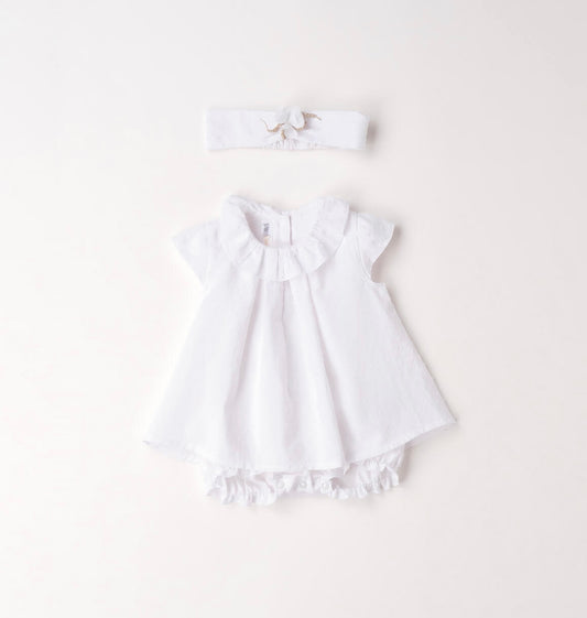 Pagliaccetto neonata in cotone bianco con fascia per capelli