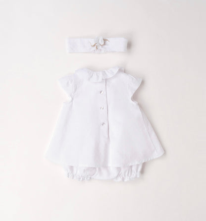 Pagliaccetto neonata in cotone bianco con fascia per capelli