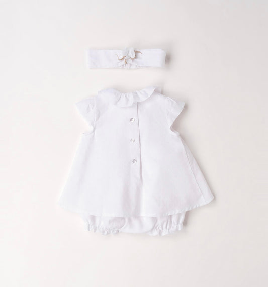 Pagliaccetto neonata in cotone bianco con fascia per capelli