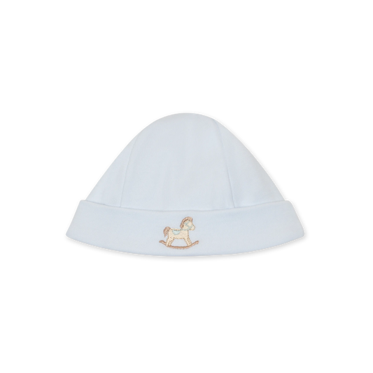 Cappellino in cotone azzurro ricamo cavallo a dondolo