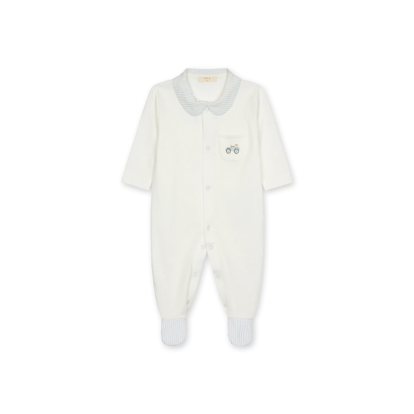 Tutina con piedi in cotone bianco con taschino e ricamo