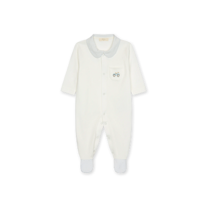 Tutina con piedi in cotone bianco con taschino e ricamo