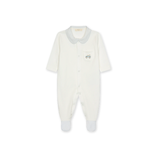 Tutina con piedi in cotone bianco con taschino e ricamo