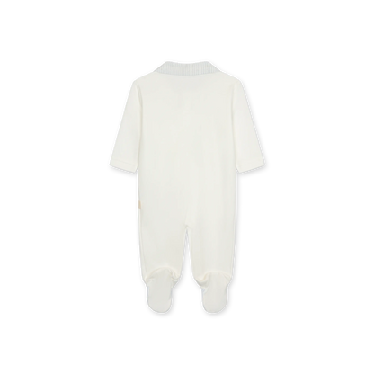 Tutina con piedi in cotone bianco con taschino e ricamo