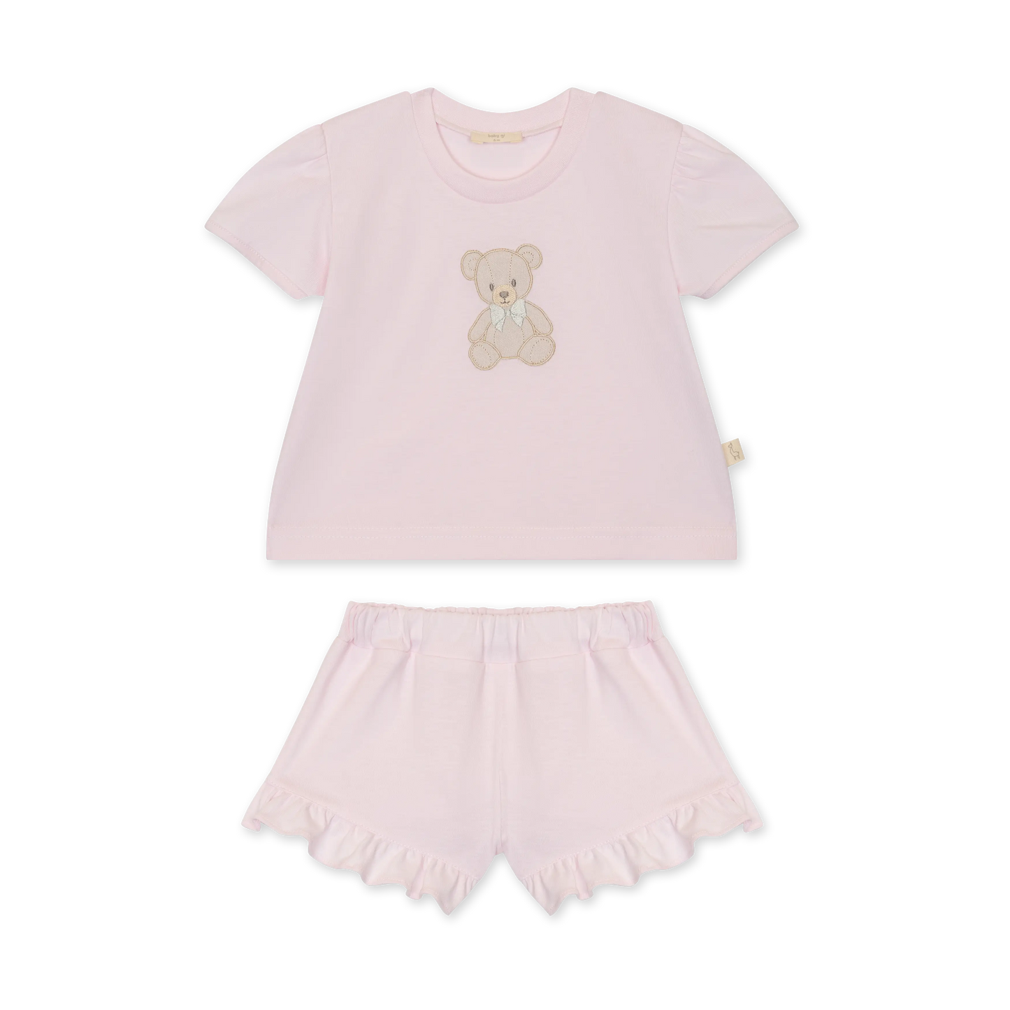 Pigiama bambina in cotone di jersey rosa con ricamo orsetto