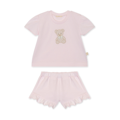 Pigiama bambina in cotone di jersey rosa con ricamo orsetto