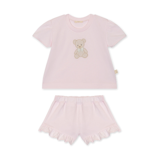 Pigiama bambina in cotone di jersey rosa con ricamo orsetto