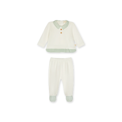 Tutina due pezzi in cotone con dettagli a quadretti verde-bianco