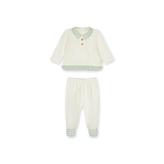 Tutina due pezzi in cotone con dettagli a quadretti verde-bianco