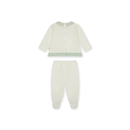 Tutina due pezzi in cotone con dettagli a quadretti verde-bianco